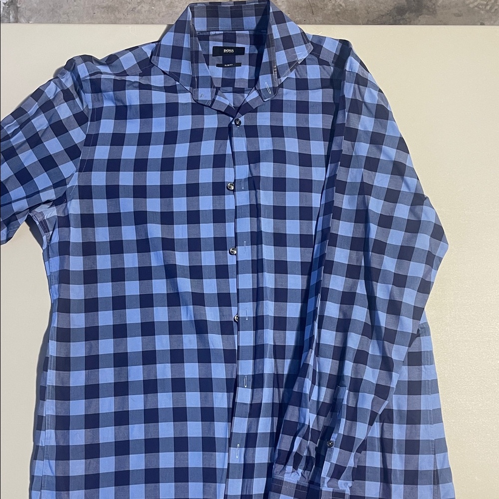 Boss Men's Navy and Light Blue Plaid Shirt